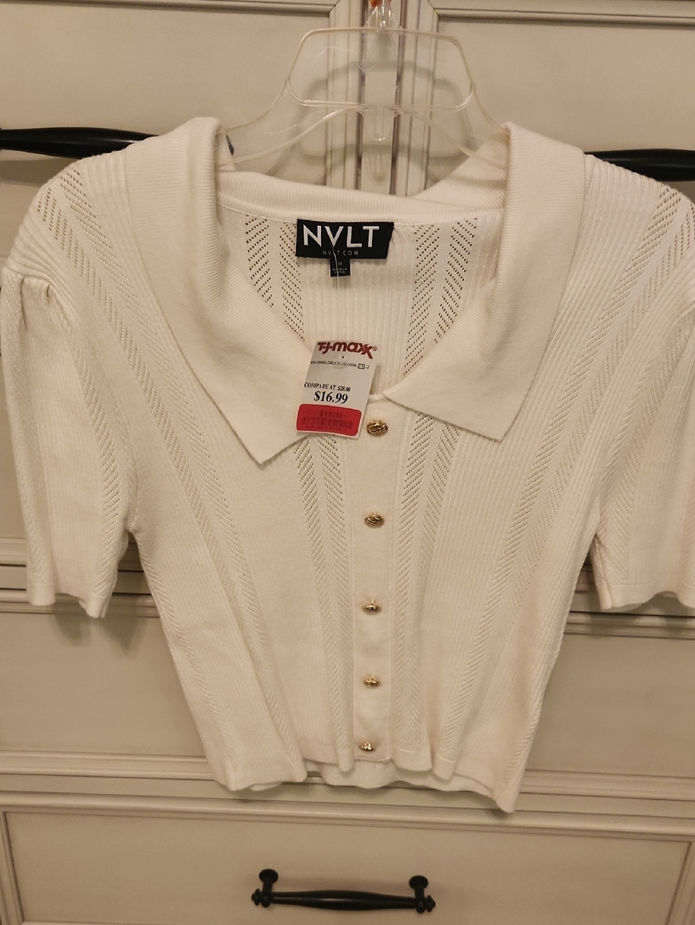 NVLT White Ribbed Polo Cardigan with Gold Buttons